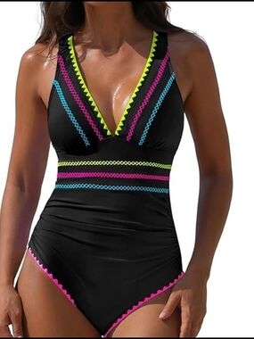 Black One-Piece Swimsuit with Neon Trim